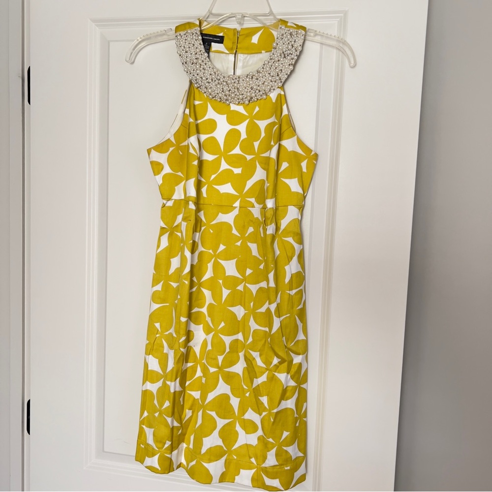 INC International Concepts Yellow White Pearl Neck Halter Dress Women’s Size 2